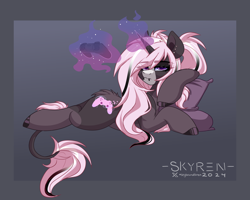 Size: 2500x2000 | Tagged: safe, artist:skyboundsiren, imported from derpibooru, oc, oc only, oc:digit morose, unicorn, controller, cutie mark, female, goth, horn, looking at you, lying down, magic, piercing, pigtails, pillow, solo, telekinesis, unamused