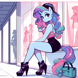 Size: 1024x1024 | Tagged: safe, imported from derpibooru, oc, oc only, anthro, unicorn, adorasexy, ai content, ai generated, backwards ballcap, bag, baseball cap, cap, clothes, cute, female, handbag, hat, high heels, horn, implied tail hole, looking back, mall, not rarity, prompter:horselover fat, purse, sexy, shoes, shorts, side view, sitting, solo, tail, tanktop, tiled floor, unicorn oc