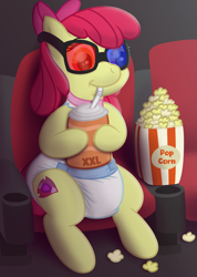 Size: 2416x3400 | Tagged: safe, artist:sweetielover, imported from derpibooru, apple bloom, earth pony, pony, 3d glasses, chair, cinema, diaper, diaper fetish, drink, drinking, female, fetish, filly, foal, food, glasses, high res, jewelry, necklace, older, popcorn, sitting, soda, solo
