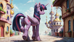 Size: 3840x2176 | Tagged: safe, edit, imported from derpibooru, twilight sparkle, alicorn, pony, ai assisted, ai content, ai generated, butt, canterlot, dock, female, folded wings, frog (hoof), generator:pony diffusion v6 xl, generator:stable diffusion, high res, hooves, horn, looking at you, looking back, mare, outdoors, plot, prompter:truekry, sky, solo, tail, twilight sparkle (alicorn), underhoof, wallpaper, wings