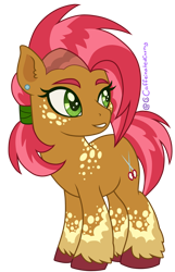 Size: 1429x2223 | Tagged: safe, artist:caffeinatedcarny, imported from derpibooru, babs seed, earth pony, pony, chubby, coat markings, colored hooves, ear piercing, freckles, hair tie, markings, older, piercing, ponytail, redesign, simple background, solo, speckled, splotches, teenager, transparent background, undercut, unshorn fetlocks