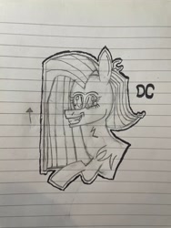 Size: 3024x4032 | Tagged: safe, artist:snapple_bloom, imported from derpibooru, pinkie pie, earth pony, pony, chest fluff, crazy face, faic, female, insanity, lined paper, mare, outline, pinkamena diane pie, raised hoof, simple background, smiling, solo, traditional art, white background