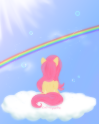 Size: 2000x2500 | Tagged: safe, artist:cutiesparke, imported from derpibooru, fluttershy, pegasus, pony, bubble, cloud, ear fluff, facing away, female, folded wings, looking up, on a cloud, rainbow, sitting, sitting on a cloud, sky, solo, sparkles, wings