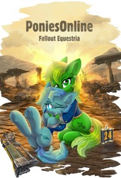 Size: 3429x5000 | Tagged: safe, artist:atlas-66, imported from derpibooru, oc, oc only, oc:holopon, oc:pixel, earth pony, pony, fallout equestria, butt, duo, earth pony oc, gun, hug, one eye closed, plot, poniesonline, underhoof, weapon