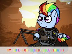 Size: 1440x1080 | Tagged: safe, alternate version, artist:sluttershy, editor:arkon sell, imported from derpibooru, rainbow dash, pegasus, pony, banned from equestria daily, armor, female, for managed democracy, gun, helldivers, helldivers 2, machine gun, mare, rainbow text, solo, text, video game crossover, weapon