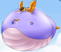 Size: 3344x2844 | Tagged: safe, artist:the-furry-railfan, imported from derpibooru, oc, oc:bobby seas, dragon, pony, unicorn, cloud, cloudy, disney, epcot, figment, floating, horn, inflated tail, inflated wings, inflation, puffy cheeks, snuggling, tail, wings