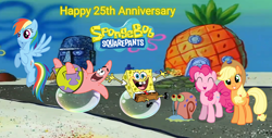 Size: 1518x772 | Tagged: safe, artist:lizzmcclin, imported from derpibooru, applejack, pinkie pie, rainbow dash, 25th anniversary, female, gary the snail, male, nickelodeon, patrick star, spongebob squarepants, spongebob squarepants (character), spongebob squarepants 25th anniversary