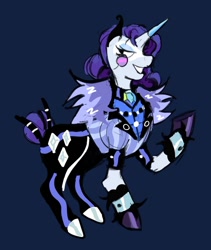 Size: 946x1123 | Tagged: safe, artist:justvoidsdumbstuff1, imported from derpibooru, rarity, pony, unicorn, alternate design, alternate hairstyle, alternate tailstyle, blue background, clothes, coat, colored hooves, colored sketch, cutie mark, cutie mark on clothes, eyelashes, eyeshadow, female, hair bun, horn, horn cap, jacket, lidded eyes, looking back, makeup, mare, monocle, navy background, pants, profile, purple mane, purple tail, raised hoof, redesign, shiny hooves, simple background, sketch, smiling, solo, standing, tail, tail bun, tied mane, tied tail, unshorn fetlocks, white coat