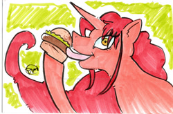 Size: 1024x677 | Tagged: safe, artist:doriesdoodles, imported from derpibooru, oc, oc:khunis jirall, alicorn, genie, genie pony, pony, burger, commission, convention, deviantart watermark, food, licking, male, obtrusive watermark, signature, solo, tongue out, watermark
