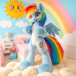 Size: 1024x1024 | Tagged: prompter needed, source needed, safe, imported from derpibooru, rainbow dash, pegasus, ai content, ai generated, bed, bedroom, solo, sun