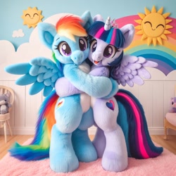 Size: 1024x1024 | Tagged: prompter needed, source needed, safe, imported from derpibooru, rainbow dash, twilight sparkle, alicorn, pegasus, ai content, ai generated, duo, duo female, female, hug, twilight sparkle (alicorn)