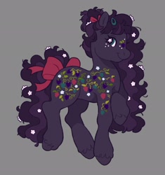 Size: 1928x2048 | Tagged: safe, artist:cocopudu, imported from derpibooru, oc, oc only, earth pony, pony, art trade, black coat, black mane, black tail, blue eyes, bow, coat markings, curly mane, curly tail, design trade, earth pony oc, eyebrows, eyebrows visible through hair, eyelashes, freckles, g2, g2 oc, gray background, hair bow, hair bun, hairclip, long mane, long tail, looking back, oc name needed, profile, raised hoof, simple background, smiling, solo, standing, starry eyes, tail, tail bow, tied mane, two toned mane, two toned tail, unshorn fetlocks, wingding eyes