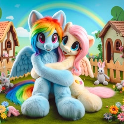Size: 1024x1024 | Tagged: prompter needed, source needed, safe, imported from derpibooru, fluttershy, rainbow dash, pegasus, ai content, ai generated, duo, duo female, female, fence, flower, house, hug, rainbow