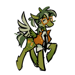 Size: 800x800 | Tagged: safe, artist:camo_ty, imported from derpibooru, oc, oc only, oc:radio active, pegasus, pony, clothes, dot eyes, eyebrows, eyebrows visible through hair, gala outfit, glasses, green coat, green mane, green tail, leg fluff, lidded eyes, long legs, looking back, male, messy tail, necktie, pegasus oc, ponytail, raised hoof, simple background, smiling, solo, square glasses, stallion, standing, tail, tied mane, tuxedo, two toned mane, two toned tail, white background, wings