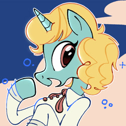Size: 2048x2048 | Tagged: safe, artist:chipchapp, imported from derpibooru, oc, oc only, oc:kit kat, pony, abstract background, big eyes, blonde mane, brown eyes, bubble, button-up shirt, clothes, curly mane, dress shirt, eyelashes, female, horn, looking back, mare, open mouth, open smile, ponysona, profile, profile picture, raised hoof, shirt, smiling, solo, sparkles, teal coat, unicorn horn, wingding eyes