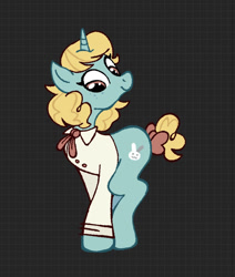 Size: 1062x1254 | Tagged: safe, artist:chipchapp, imported from derpibooru, oc, oc only, oc:kit kat, pony, unicorn, big eyes, blonde mane, blonde tail, brown eyes, button-up shirt, clothes, curly mane, curly tail, dress shirt, female, freckles, horn, looking down, mare, patterned background, ponysona, shirt, smiling, solo, standing, tail, tail bun, teal coat, tied tail, unicorn horn, unicorn oc, wingding eyes