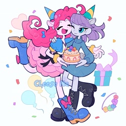 Size: 2631x2631 | Tagged: safe, artist:nainaier007, imported from derpibooru, maud pie, pinkie pie, human, equestria girls, balloon, boots, cake, clothes, collar, confetti, dress, eyes closed, female, food, heart, hug, one eye closed, present, shoes, siblings, sisters