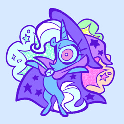 Size: 2048x2048 | Tagged: safe, artist:janegumball, imported from derpibooru, trixie, pony, unicorn, big head, blue background, blue coat, blue mane, blue sclera, blue tail, cape, chibi, clothes, colored sclera, enamel pin, eyelashes, female, hat, high res, horn, long mane, long tail, mare, narrowed eyes, open mouth, open smile, pin design, purple eyes, raised hooves, simple background, smiling, solo, sparkles, standing on two hooves, stars, tail, tongue out, trixie's cape, trixie's hat, two toned mane, two toned tail, unicorn horn, wide eyes