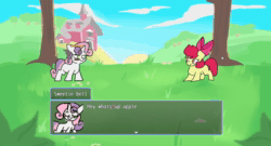 Size: 1332x720 | Tagged: safe, artist:madiwann, imported from derpibooru, apple bloom, sweetie belle, earth pony, pony, unicorn, animated, blood, cigarette, dancing, death, female, fight, filly, foal, gameplay, horn, karma, rpg, rpg maker, sound, text, video game, webm
