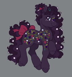 Size: 1928x2048 | Tagged: safe, artist:cocopudu, imported from derpibooru, oc, oc only, earth pony, pony, bow, ethereal mane, female, flower, flower in hair, flower in tail, freckles, g2, gray background, hair bow, hair bun, hairclip, hoof on chest, mare, messy mane, simple background, smiling, solo, starry mane, tail, tail bow, unshorn fetlocks