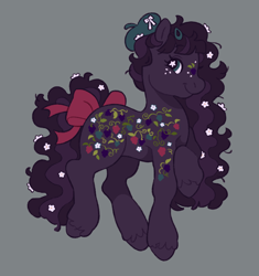 Size: 1928x2048 | Tagged: safe, alternate version, artist:cocopudu, imported from derpibooru, oc, oc only, earth pony, pony, beret, bow, ethereal mane, female, flower, flower in hair, flower in tail, freckles, g2, gray background, hairclip, hat, hoof on chest, mare, simple background, smiling, solo, starry mane, tail, tail bow, unshorn fetlocks