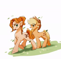 Size: 2034x1968 | Tagged: safe, artist:renjia254, imported from derpibooru, applejack, earth pony, pony, crossover, female, grass, mare, open mouth, ponified, robin (stardew valley), simple background, stardew valley, white background