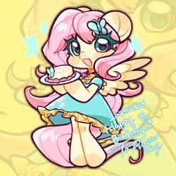 Size: 1500x1500 | Tagged: safe, artist:xinjinjumin861086036297, imported from derpibooru, fluttershy, pegasus, semi-anthro, abstract background, cake, clothes, dress, female, food, mare, open mouth, plate, smiling, standing