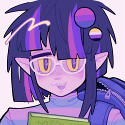 Size: 1920x1920 | Tagged: safe, artist:toycasino, imported from derpibooru, twilight sparkle, equestria girls, :3, alternate eye color, alternate hairstyle, backpack, bisexual pride flag, blush scribble, blushing, book, braces, bust, clothes, colored mouth, colored sclera, elf ears, fangs, female, freckles, glasses, heart, heart eyes, light skin, messy hair, multicolored hair, nonbinary pride flag, open mouth, open smile, pink background, pins, pride, pride flag, purple eyes, purple skin, redesign, shiny hair, simple background, smiling, solo, striped sweater, sweater, thick eyebrows, turtleneck, turtleneck sweater, wingding eyes, yellow sclera