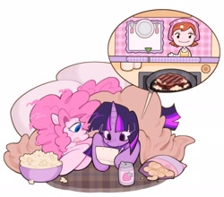 Size: 2048x1806 | Tagged: safe, artist:toycasino, imported from derpibooru, pinkie pie, twilight sparkle, earth pony, pony, unicorn, 3ds, blue eyes, blushing, chips, cooking mama, curly mane, curly tail, cute, diapinkes, drink, duo, duo female, eyelashes, female, food, gaming, holding, hoof hold, horn, lesbian, long mane, long tail, looking at someone, looking at something, lying down, mare, meat, multicolored mane, multicolored tail, nintendo ds, no catchlights, open mouth, open smile, pink mane, pink tail, playing video games, popcorn, potato chips, prone, purple coat, shipping, simple background, smiling, soda, soda can, steak, straight mane, straight tail, tail, twiabetes, twinkie, under blanket, unicorn horn, unicorn twilight, white background