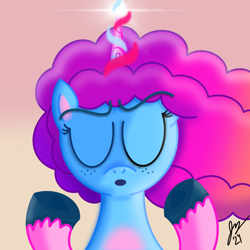 Size: 2048x2048 | Tagged: safe, artist:jesslmc16, idw, imported from derpibooru, unicorn, bust, comic, digital art, female, freckles, g5, gradient background, hooves, hooves up, horn, lens flare, magic, mare, misty brightdawn, portrait, procreate app, rebirth misty, scene interpretation, set your sail, signature, solo, spell, wind