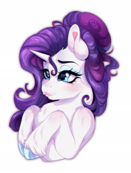 Size: 2060x2729 | Tagged: safe, artist:zugellywolf, imported from derpibooru, rarity, pony, unicorn, alternate hairstyle, blushing, bust, female, hooves to the chest, horn, mare, pouty lips, shoulder blush, simple background, solo, unshorn fetlocks, white background