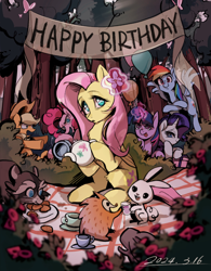 Size: 1284x1647 | Tagged: safe, artist:renjia254, imported from derpibooru, angel bunny, applejack, fluttershy, pinkie pie, rainbow dash, rarity, twilight sparkle, earth pony, hedgehog, pegasus, pony, raccoon, unicorn, balloon, bush, cookie, cup, eating, female, flower, food, forest, happy birthday, horn, magic, mane six, mare, nature, picnic blanket, plate, present, tea party, teacup, teapot, this will not end well, tree