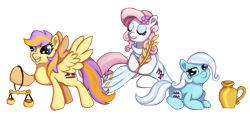 Size: 2200x1000 | Tagged: safe, artist:swasfews, imported from derpibooru, earth pony, pegasus, pony, aquarius, eyes closed, female, food, libra, mare, scale, simple background, transparent background, trio, trio female, virgo, wheat