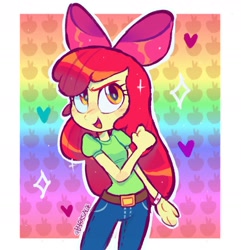 Size: 1585x1645 | Tagged: safe, artist:b4rkzal0t, imported from derpibooru, apple bloom, human, equestria girls, adorabloom, belt, blushing, bracelet, clenched fist, clothes, cute, denim, determined, freckles, gradient background, heart, jeans, jewelry, looking at you, open mouth, pants, patterned background, rainbow background, shirt, solo, sparkles, t-shirt