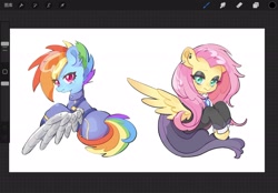 Size: 2048x1423 | Tagged: safe, artist:chonpsk, imported from derpibooru, screencap, fluttershy, rainbow dash, pegasus, pony, artificial wings, augmented, clothes, cute, duo, duo female, female, half body, simple background, spread wings, wings