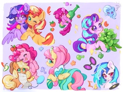 Size: 2048x1536 | Tagged: safe, artist:chonpsk, imported from derpibooru, applejack, berry punch, berryshine, dj pon-3, fluttershy, phyllis, pinkie pie, starlight glimmer, sunset shimmer, trixie, twilight sparkle, vinyl scratch, alicorn, earth pony, pegasus, pony, unicorn, alcohol, apple, balloon, bottle, clothes, cute, flower, food, glasses, heart, horn, hug, paper, shipping, sparkles, twilight sparkle (alicorn), wine, wine bottle