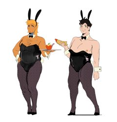 Size: 1626x1696 | Tagged: safe, artist:bixels, imported from derpibooru, big macintosh, soarin', human, worm, apple, arm hair, bunny ears, bunny suit, chest hair, clothes, crossdressing, cuffs (clothes), duo, duo female, eating, female, fishnet clothing, fishnets, food, hand on hip, high heels, hot dog, humanized, male nipples, meat, natural hair color, nipples, nudity, playboy bunny, sausage, serving tray, shoes, socks, stockings, the grand galloping 20s, thigh highs