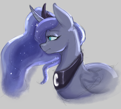 Size: 2000x1800 | Tagged: safe, artist:dominismortis, imported from derpibooru, princess luna, alicorn, pony, crown, female, gray background, jewelry, lidded eyes, mare, peytral, profile, regalia, simple background, solo