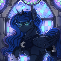 Size: 1000x1000 | Tagged: safe, artist:binibean, imported from derpibooru, princess luna, alicorn, pony, female, glowing, glowing eyes, looking at you, mare, raised hoof, signature, solo, stained glass, window