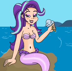 Size: 617x610 | Tagged: safe, artist:ocean lover, imported from derpibooru, starlight glimmer, human, mermaid, bare shoulders, beautiful, beautisexy, belly button, boulder, bra, clothes, cute, eyeshadow, fins, fish tail, food, glimmerbetes, human coloration, humanized, ice cream, ice cream cone, light skin, lipstick, long hair, makeup, mermaid tail, mermaidized, mermay, midriff, ms paint, ocean, outdoors, pretty, purple eyes, purple tail, seashell, seashell bra, sexy, sitting, sky, smiling, species swap, stupid sexy starlight glimmer, tail, tail fin, that human sure does love ice cream, two toned hair, underwear, water, wave