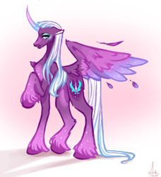 Size: 1680x1845 | Tagged: safe, artist:lunaalmond, imported from derpibooru, opaline arcana, alicorn, pony, curved horn, female, floppy ears, g5, gradient background, horn, long legs, mare, one wing out, solo, tall, unshorn fetlocks, wings