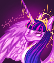 Size: 1484x1698 | Tagged: safe, artist:lunaalmond, imported from derpibooru, twilight sparkle, alicorn, pony, bust, coat markings, crown, facial markings, female, horn, horn jewelry, jewelry, lidded eyes, long horn, mare, name, regalia, smiling, solo, star (coat marking), twilight sparkle (alicorn)