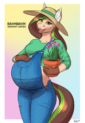 Size: 2610x3751 | Tagged: safe, artist:zendrid, imported from derpibooru, oc, oc only, oc:verdant ardea, anthro, earth pony, belly, big belly, breasts, busty oc, clothes, eyebrows, eyebrows visible through hair, female, flower, gardening gloves, gloves, gradient background, hand on belly, hat, looking at you, mare, open mouth, open smile, overalls, potted plant, pregnant, smiling, smiling at you, solo, sun hat, text