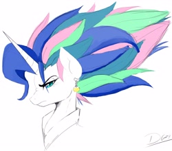 Size: 3300x2900 | Tagged: safe, artist:thelunarmoon, imported from derpibooru, princess celestia, princess luna, alicorn, pony, angry, bust, colored, dragon ball, female, frown, fusion, looking at you, mare, potara, profile, scowl, signature, simple background, solo, super saiyan, super saiyan princess, white background
