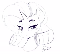 Size: 2600x2366 | Tagged: safe, artist:thelunarmoon, imported from derpibooru, rarity, pony, unicorn, female, grayscale, horn, lidded eyes, looking at you, mare, monochrome, signature, simple background, solo, white background