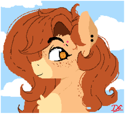 Size: 929x853 | Tagged: safe, artist:thelunarmoon, imported from derpibooru, oc, oc only, oc:pencil test, earth pony, pony, bust, chest fluff, cloud, ear piercing, earring, facial markings, female, freckles, jewelry, mare, mealy mouth (coat marking), piercing, pixel art, sky background, solo