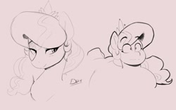 Size: 1176x735 | Tagged: safe, artist:thelunarmoon, imported from derpibooru, diamond tiara, earth pony, pony, bust, eyebrows, eyebrows visible through hair, female, lidded eyes, monochrome, pink background, raised eyebrows, simple background, sketch, solo, style emulation