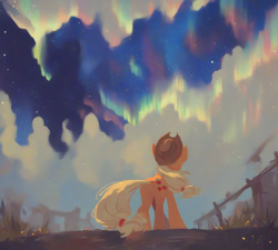 Size: 1280x1152 | Tagged: safe, imported from derpibooru, applejack, princess luna, rainbow dash, alicorn, earth pony, ai content, ai generated, appledash, applejack's hat, aurora borealis, cloud, cloudy, cowboy hat, duo, ethereal mane, female, generator:pony diffusion v6 xl, generator:stable diffusion, hat, implied princess luna, implied shipping, lesbian, looking up, low angle, night, prompter:foxpony, rear view, shipping, stars