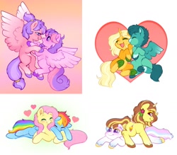 Size: 1509x1322 | Tagged: safe, artist:sekuponi, imported from derpibooru, fluttershy, rainbow dash, oc, oc:banana sundae, oc:blush rush, oc:creme candy, oc:pop crush, earth pony, pegasus, pony, unicorn, blushing, butt, chest fluff, ear fluff, female, floating heart, flower, flower in hair, flutterdash, flying, heart, heart eyes, horn, lesbian, looking at each other, looking at someone, lying down, male, mare, plot, prone, shipping, stallion, tongue out, unshorn fetlocks, wingding eyes