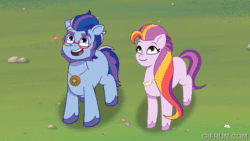 Size: 600x338 | Tagged: safe, imported from derpibooru, screencap, earth pony, pony, spoiler:g5, spoiler:my little pony: tell your tale, spoiler:tyts02e11, argyle starshine, duo, duo male and female, female, g5, gifrun.com, male, mare, my little pony: tell your tale, stallion, sunny's mom, written in the starscouts